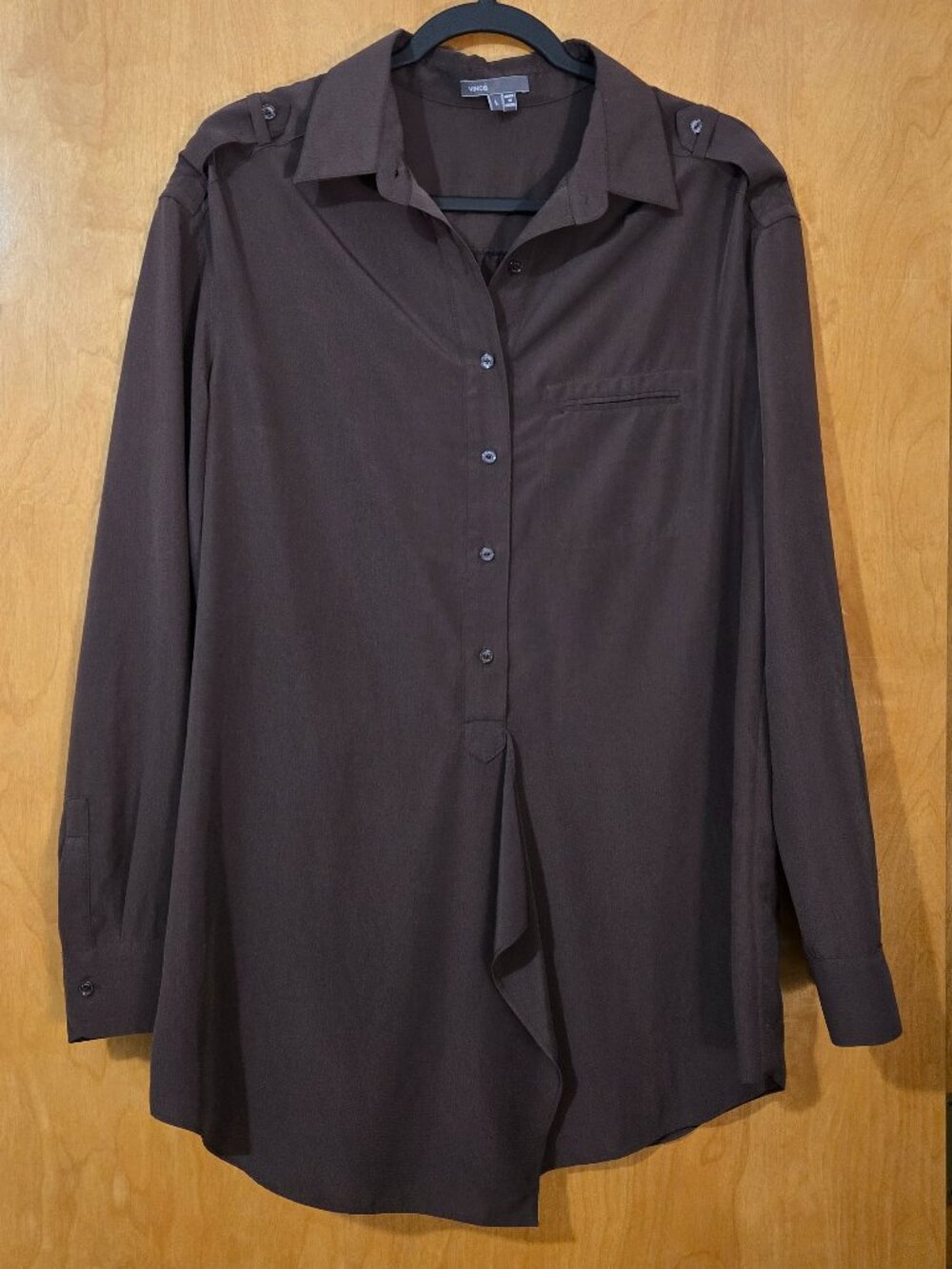 VINCE Half Placket Button-Down Tunic Top Large Espresso Brown Polished Casual